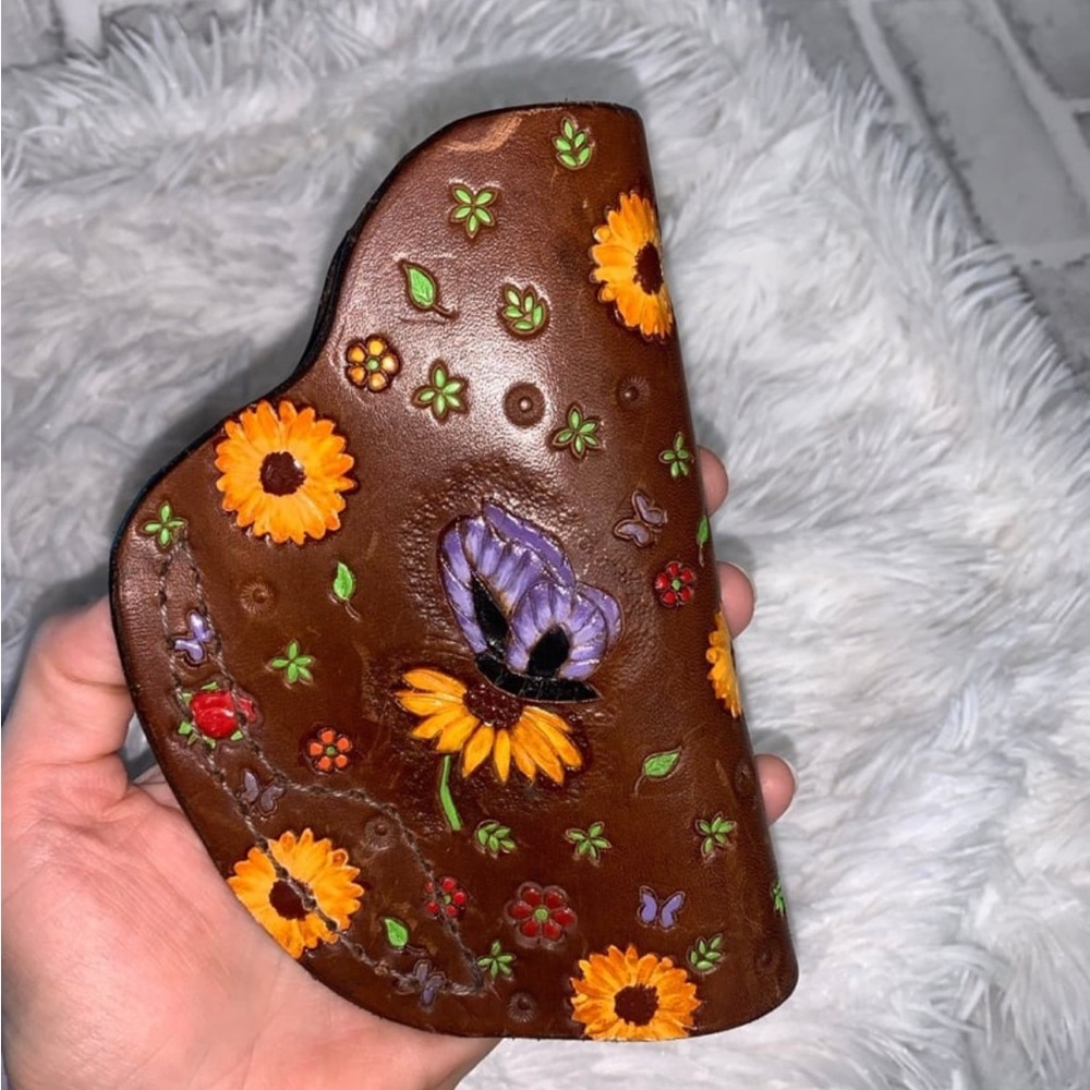 Women’s handmade handtooled painted leather holster